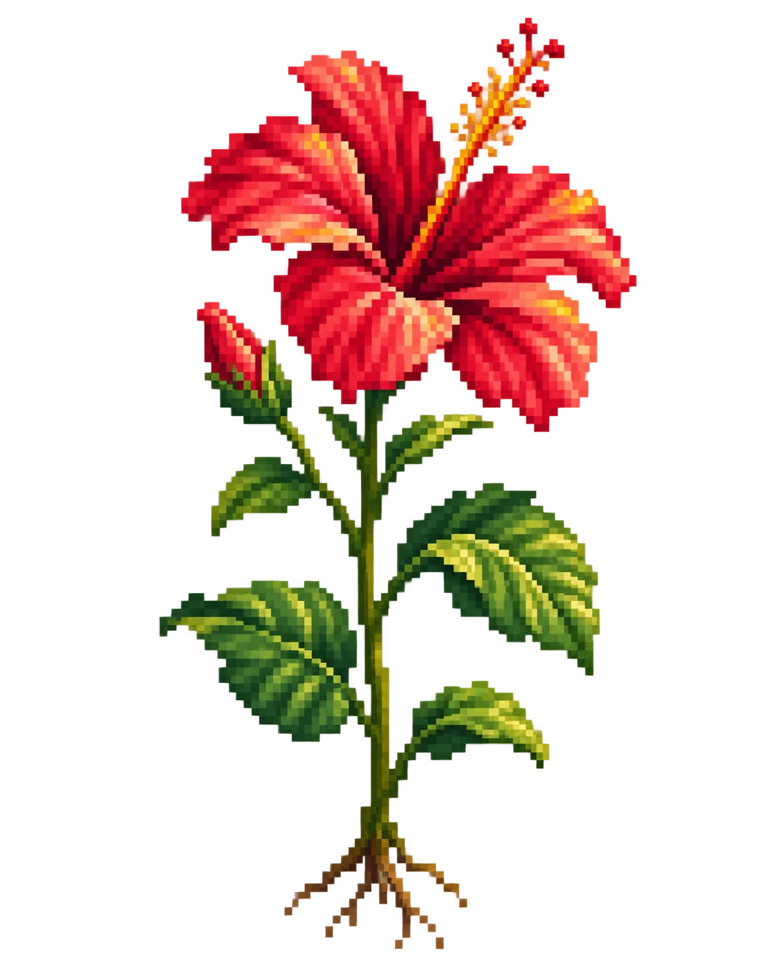 A pixel-art bunga raya plant with a red hibiscus bloom